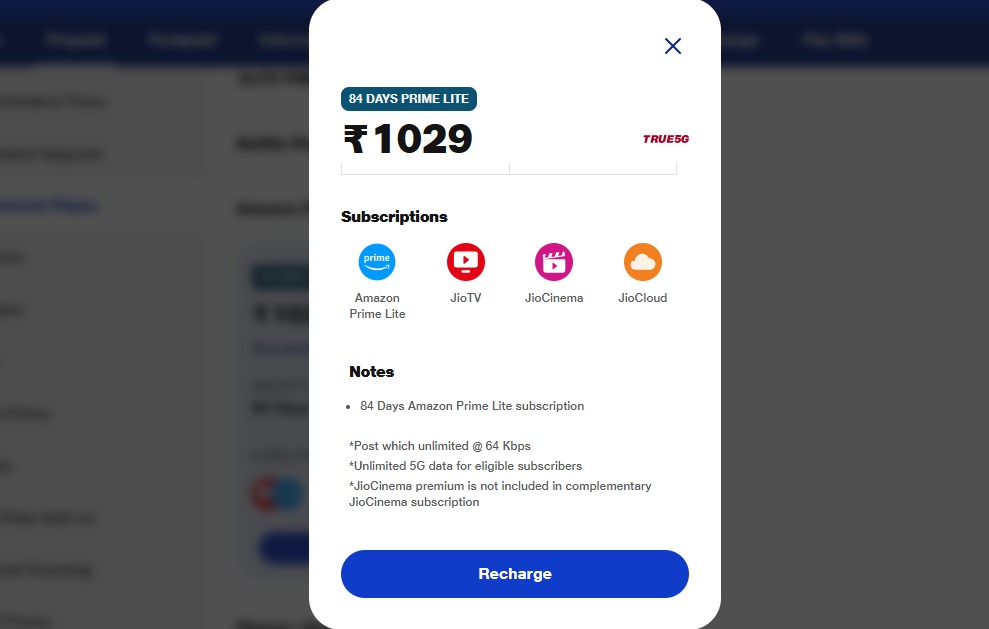 Jio Amazon Prime Lite free subscription