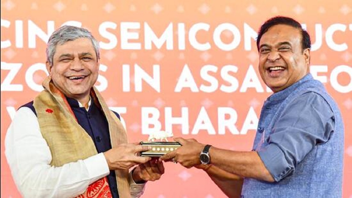 Union minister Ashwini Vaishnaw being presented a memento by Assam chief minister Himanta Biswa Sarma