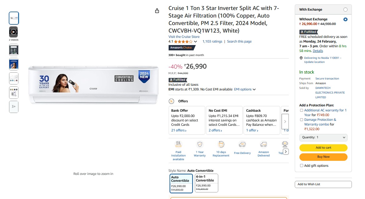 Cruise 1 Ton 3 Star Inverter Split AC with 7-Stage Air Filtration