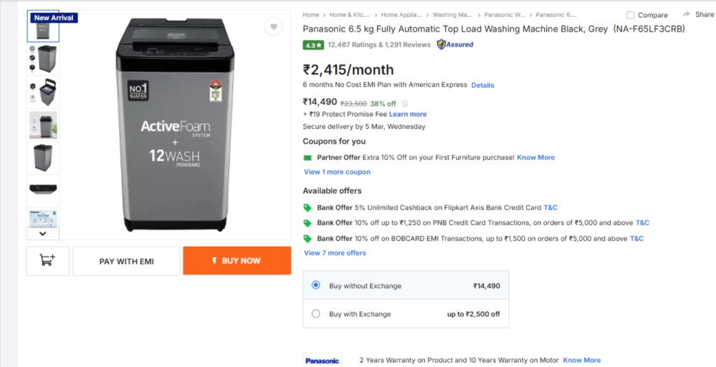 Panasonic 6.5 kg Fully Automatic Top Load Washing Machine Black