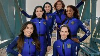 All women crew carrying Katy Perry, Lauren Sánchez, Aisha Bowe, Amanda Nguyen, Gayle King, and Kerianne Flynn into space