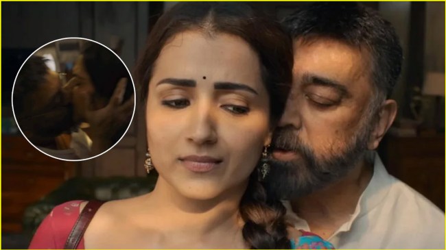 kamal Hassan trolled intimate kissing scene with co actress trisha krishnan thug life trailer