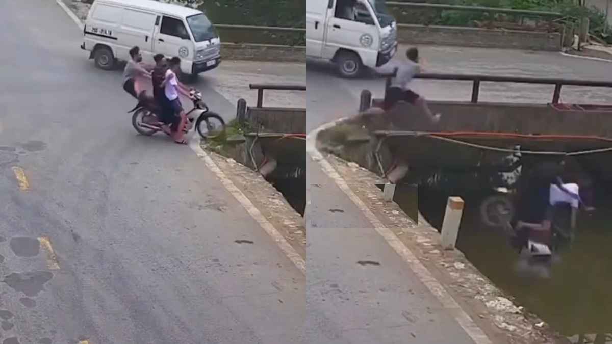 स्कूटी सवार दो नाले में गिरे, फिल्मी अंदाज मे तीसरे ने खुद को बचाया! पुलिस ने वीडियो शेयर कर पढ़ाया पाठ