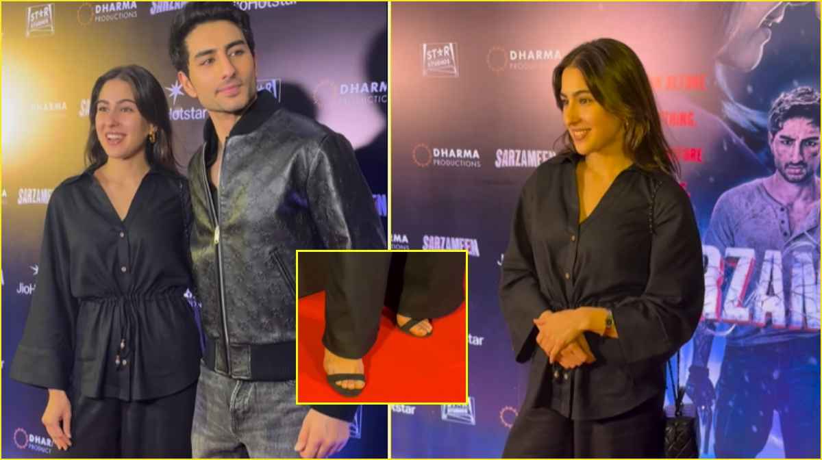 Sarzameen के प्रीमियर पर Sara Ali Khan को हील्स ने दिया धोखा, पैप्स ने दी मजेदार सलाह