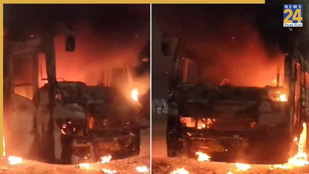 double decker bus caught fire