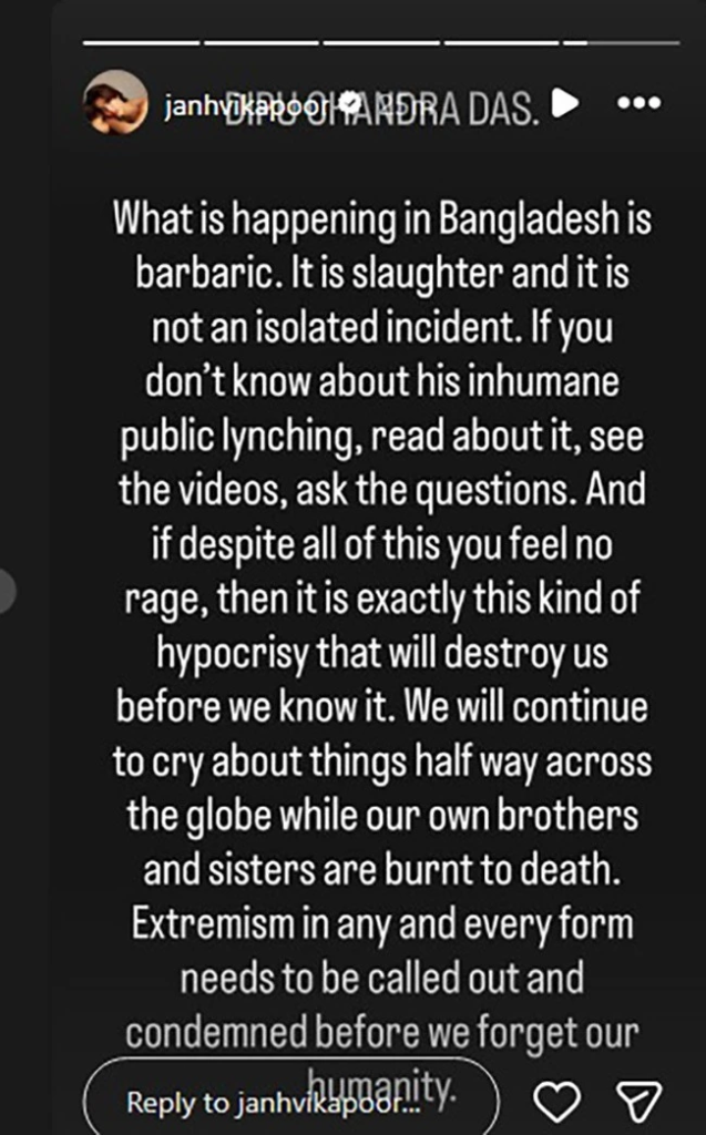 janhvi kapoor Post On bangladesh lynching