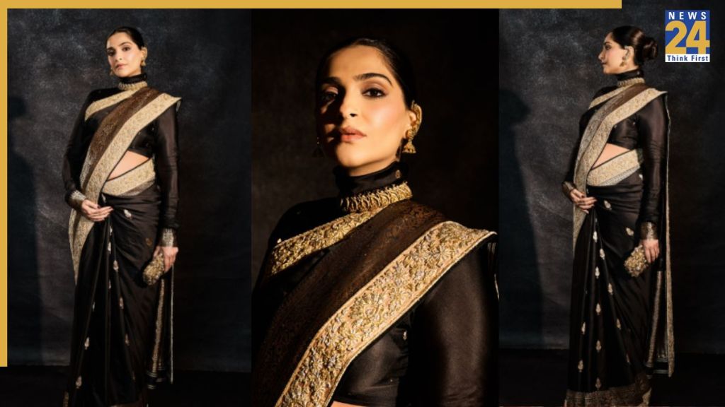 Sonam Kapoor ने काली साड़ी में फ्लॉन्ट किया बेबी बंप, प्रेग्नेंसी ग्लो से खिला एक्ट्रेस का चेहरा