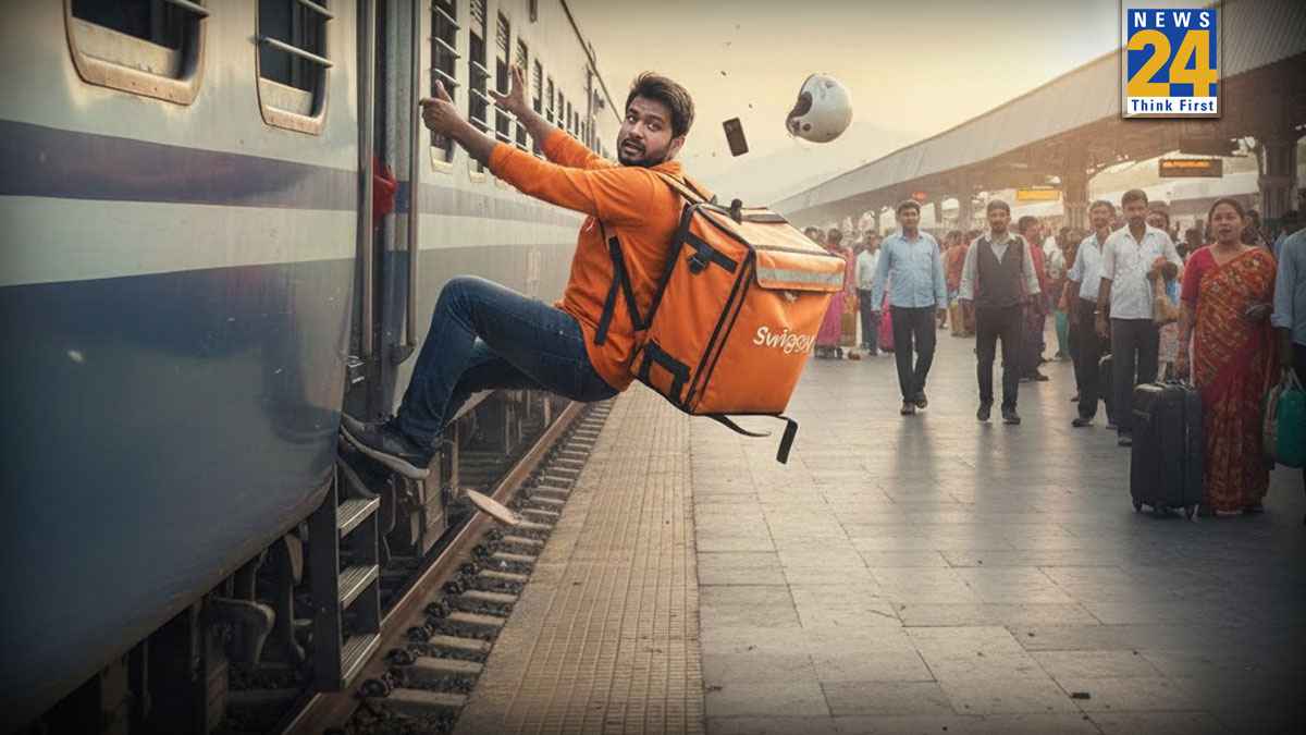 आंध्र प्रदेश में चलती ट्रेन से गिर पड़ा डिलीवरी ब्वॉय, वीडियो वायरल
