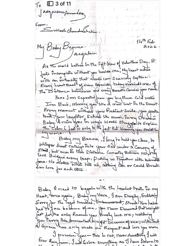 Sukesh Chandrasekhar Pens Latter for Jacqueline Fernandez