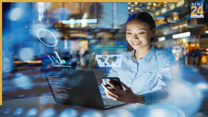 Asian businesswoman using AI on lapto -1