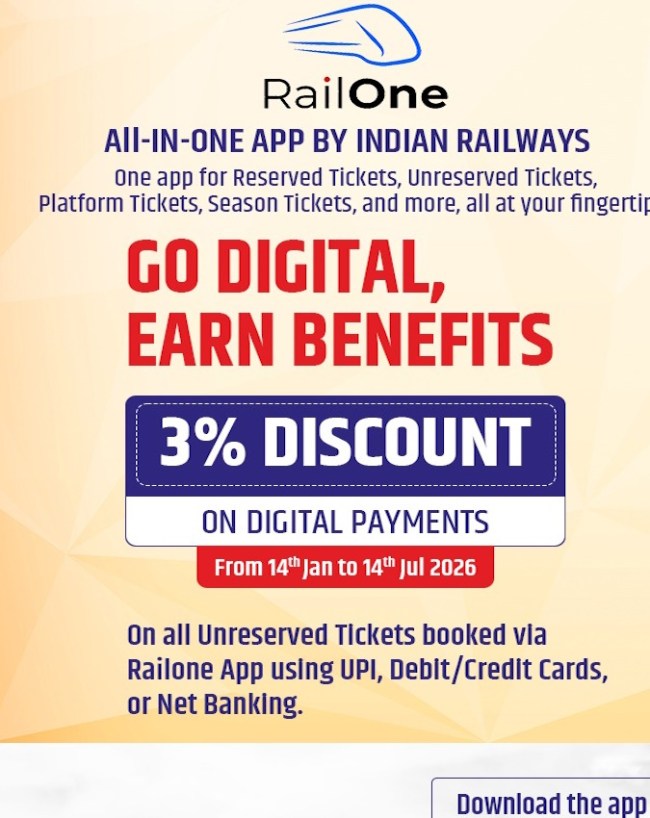 Railone App offers three percent discount on unreserved Train Ticket-1-2