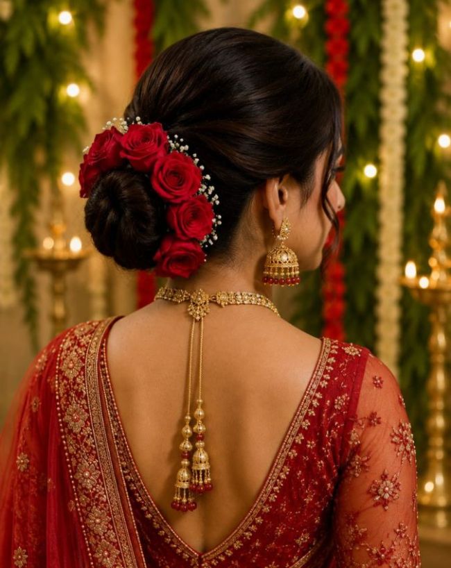 गुलाब से सजा जूड़ा